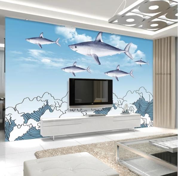 3D Color Cartoon Shark Wall Mural Wallpaperpe 349