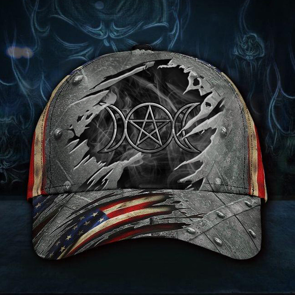 Wiccan Halfmoon 3D Hat Logo American Flag Cap Vintage Wiccan Gift For Men