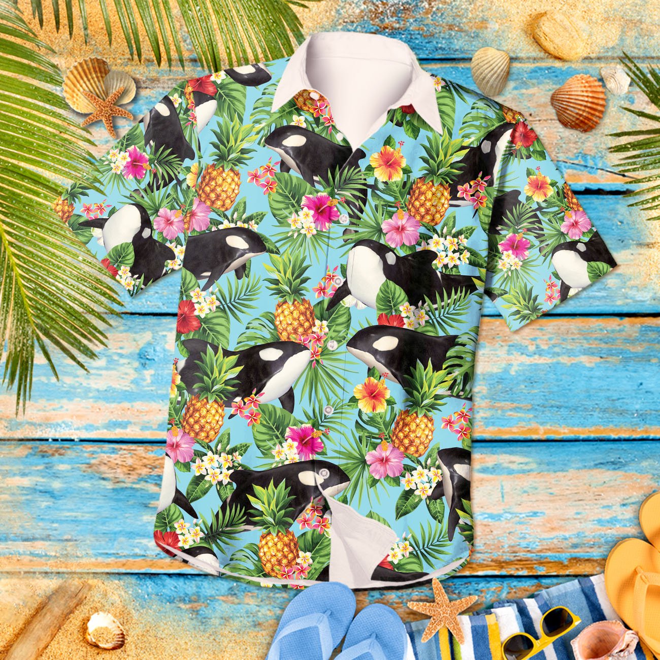 Beach Shirt Killer Whale Pineapple Plumeria Summer Tropical All Over Printed Hawaiian Shirt Size S – 5Xl