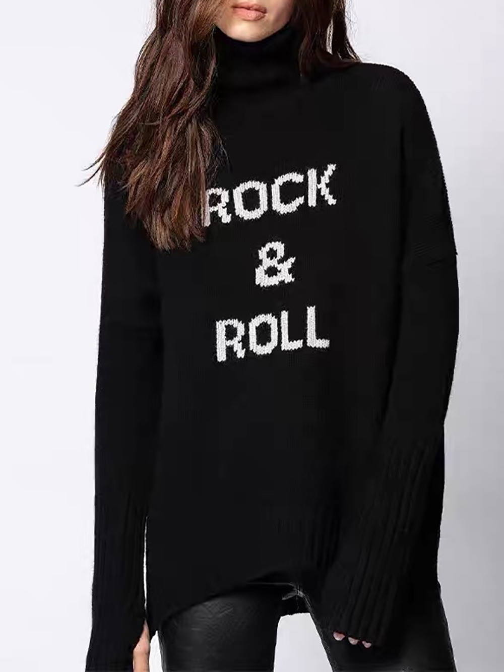 ZESSAM ROCK & ROLL Letter Cashmere Woman Sweater Long Sleeve Turtieneck Loose Female Pullover Classic Retro Lady Top 2023 alx