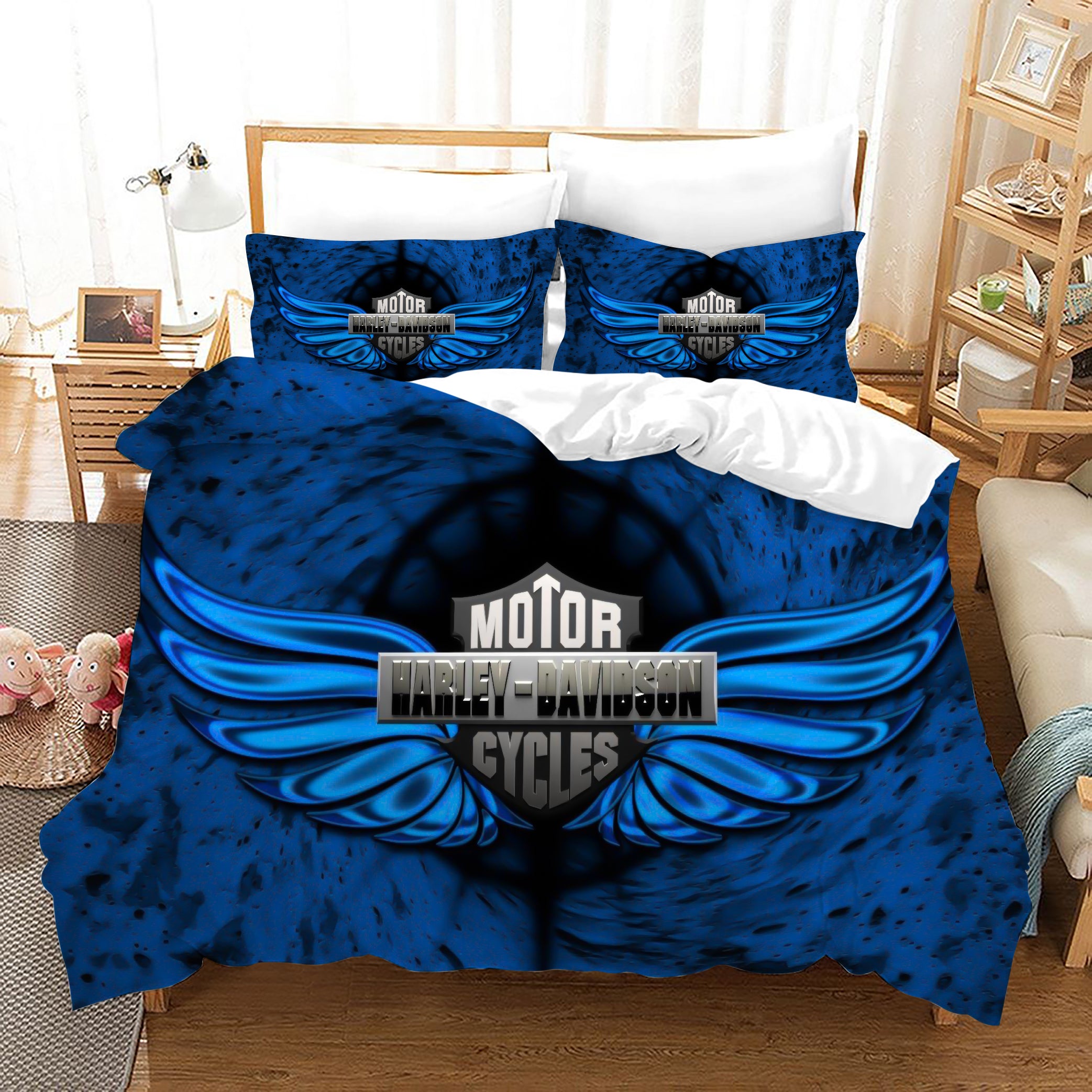 3D Blue Harley Davidson Motorcycle Quilt Cover Set Bedding Set Duvet Cover Pillowcases Sf80