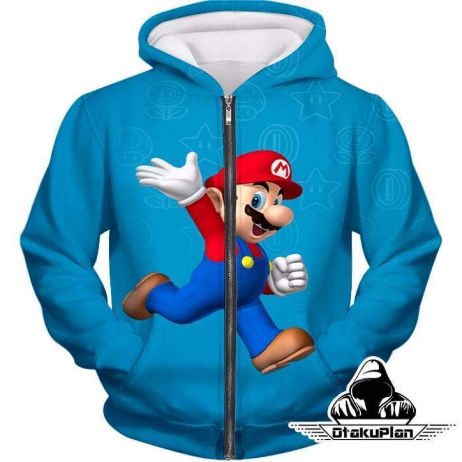 Super Cool Game Hero Mario Cool Promo Blue Zip Up Hoodie