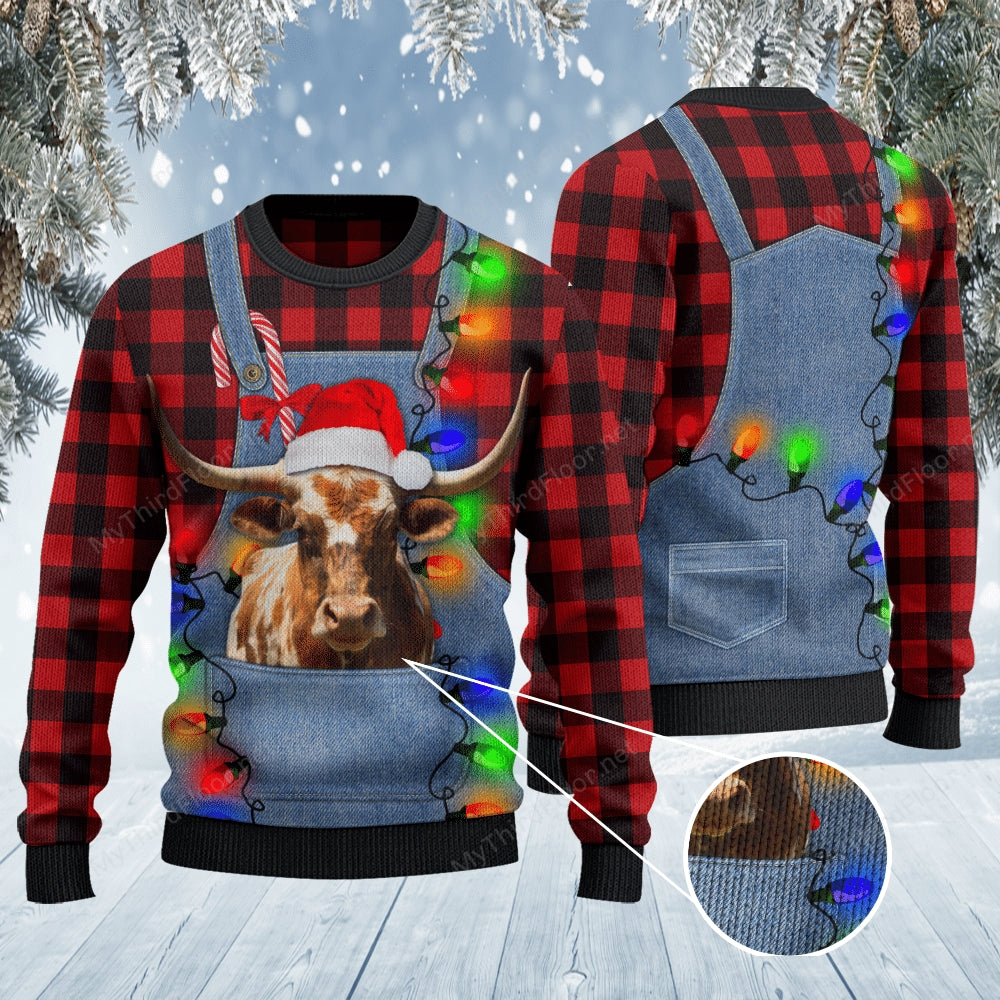 Tx Longhorn Cattle Lovers Red Plaid Shirt And Denim Bib Overalls Knitted Sweater Wool Sweater