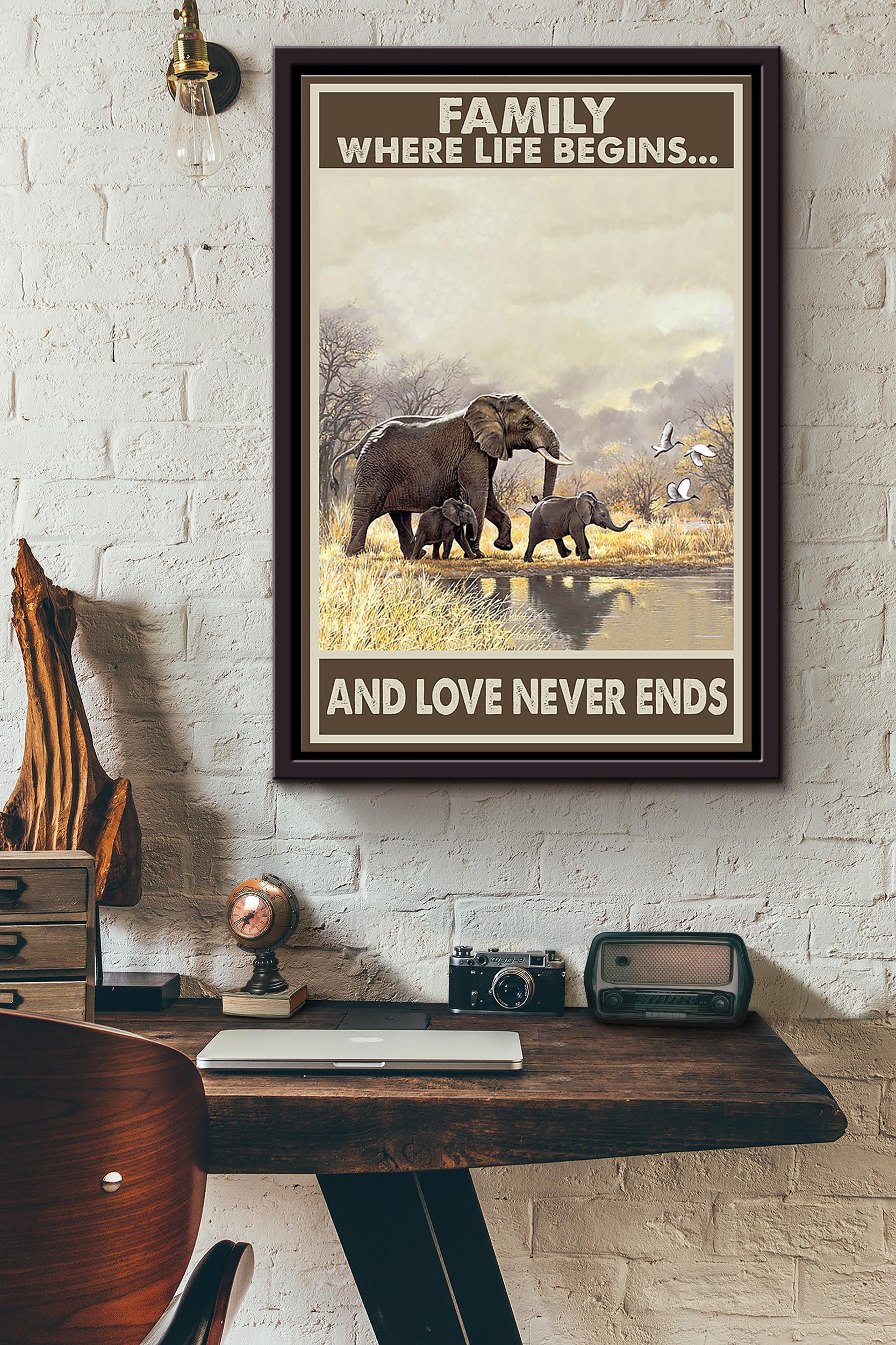 Family Where Life Begins And Love Never Ends Elephants In The Forest Poster Framed Matte Canvas