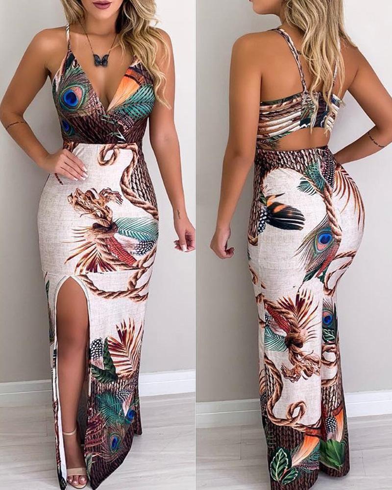 WOMEN’S Peacock Flower Printed Sexy Dress V-neck Strap Slit dress elegant dress lady women dress sundress Plus-sized alx