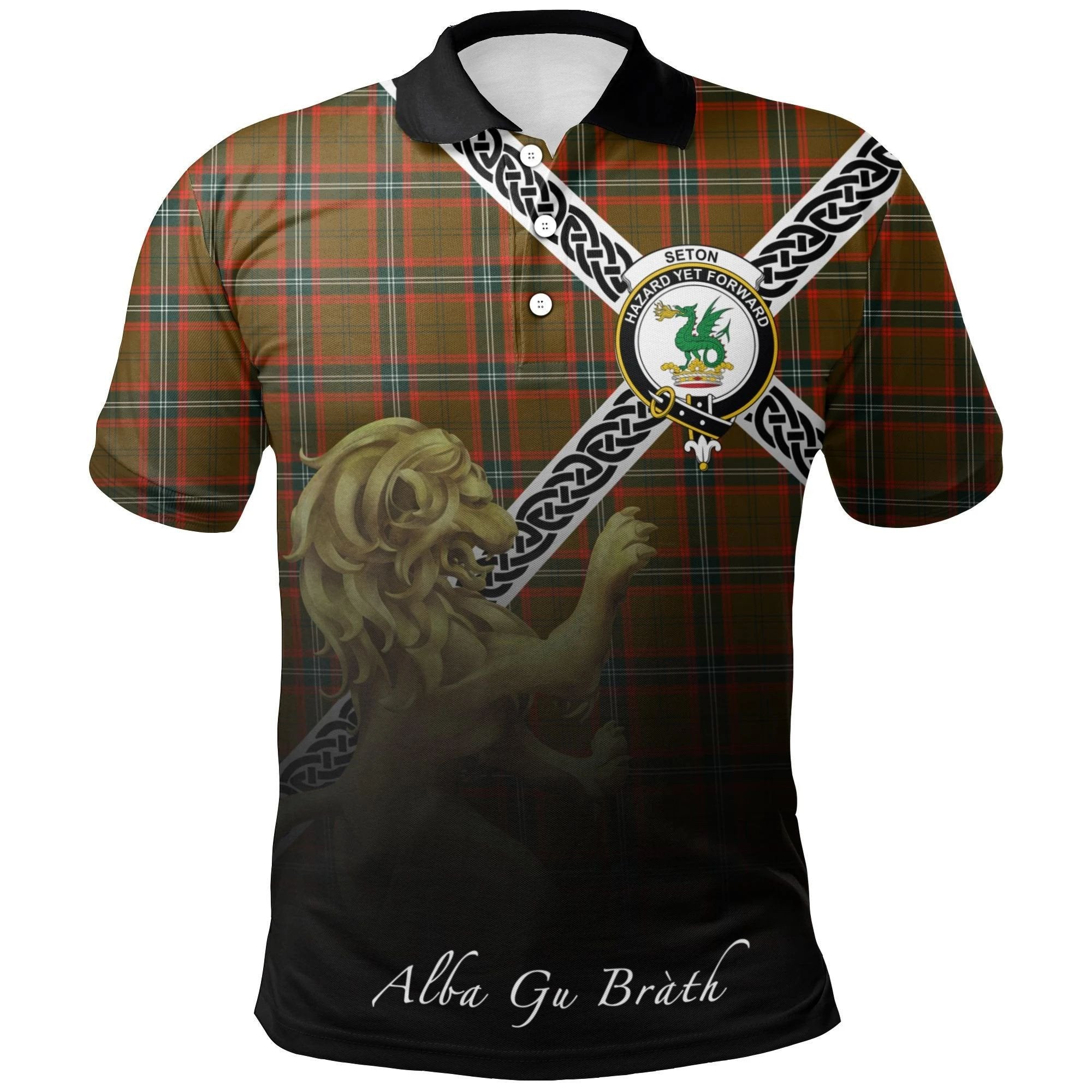 Seton Hunting Modern Clan Polo Shirt, Scottish Tartan Seton Hunting Modern Clans Polo Shirt Celtic Lion Style