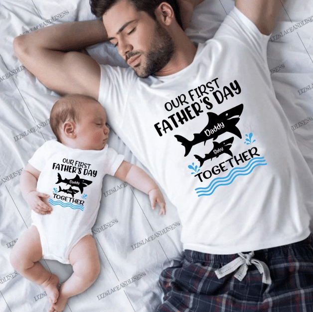 Our First Fathers Day Together, Daddy & Baby Shark T-Shirt & Baby Onesie, Dad And Baby Matching Shirts, Father And Son/ Daughter, Father’S Day Gift