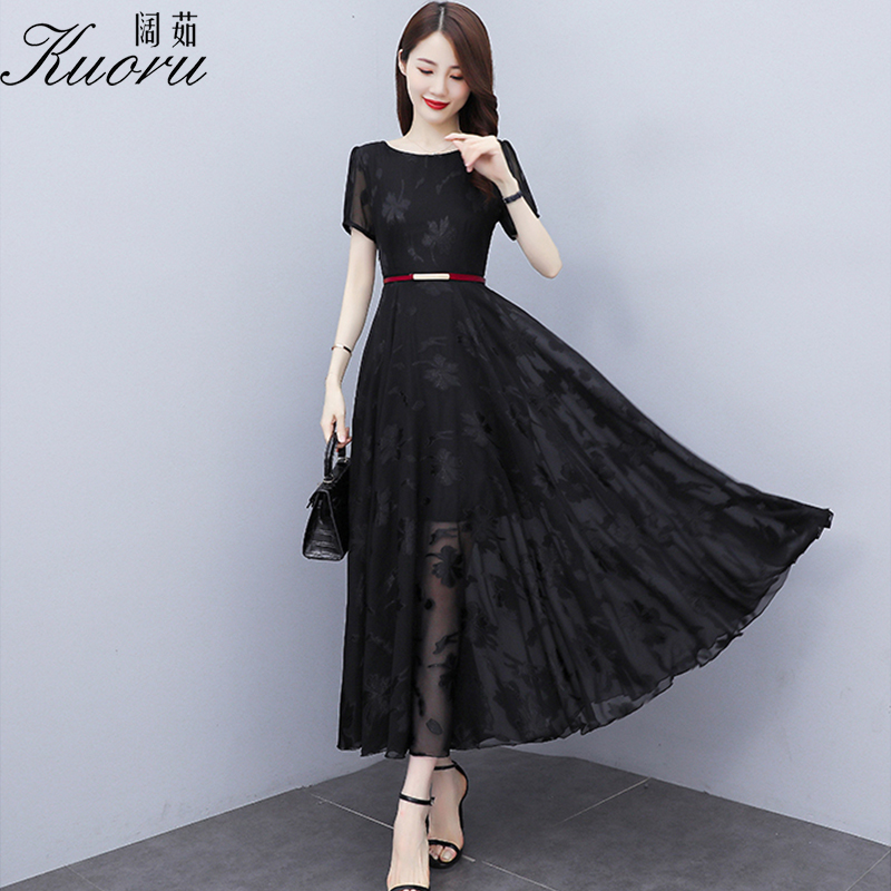 Vintage Robe Longue Ete Chiffon Dress Women Dresses Summer 2021 Black Beach Style Vestido Floral Short Sleeve O-Neck Vestidos alx