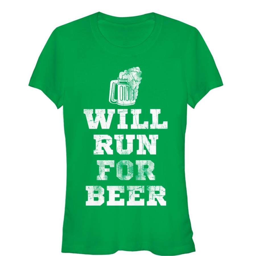 CHIN UP Junior’s Running For Beer  T Shirt Kelly Green