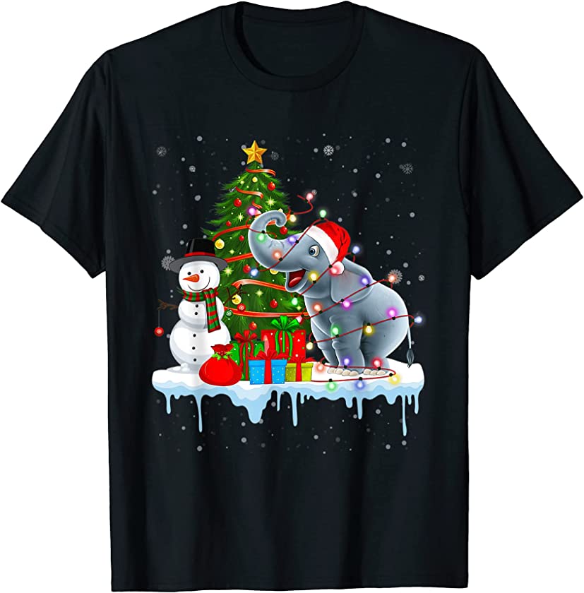 Funny Elephant Animal Santa Lights Christmas Tree Holiday PJ T-Shirt