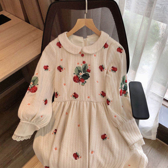 2022 Spring Autumn Dress Women French Style Collar Long Sleeve Flowers Embroidery Dresses Fairy Slim Waist Knitting Clothes alx