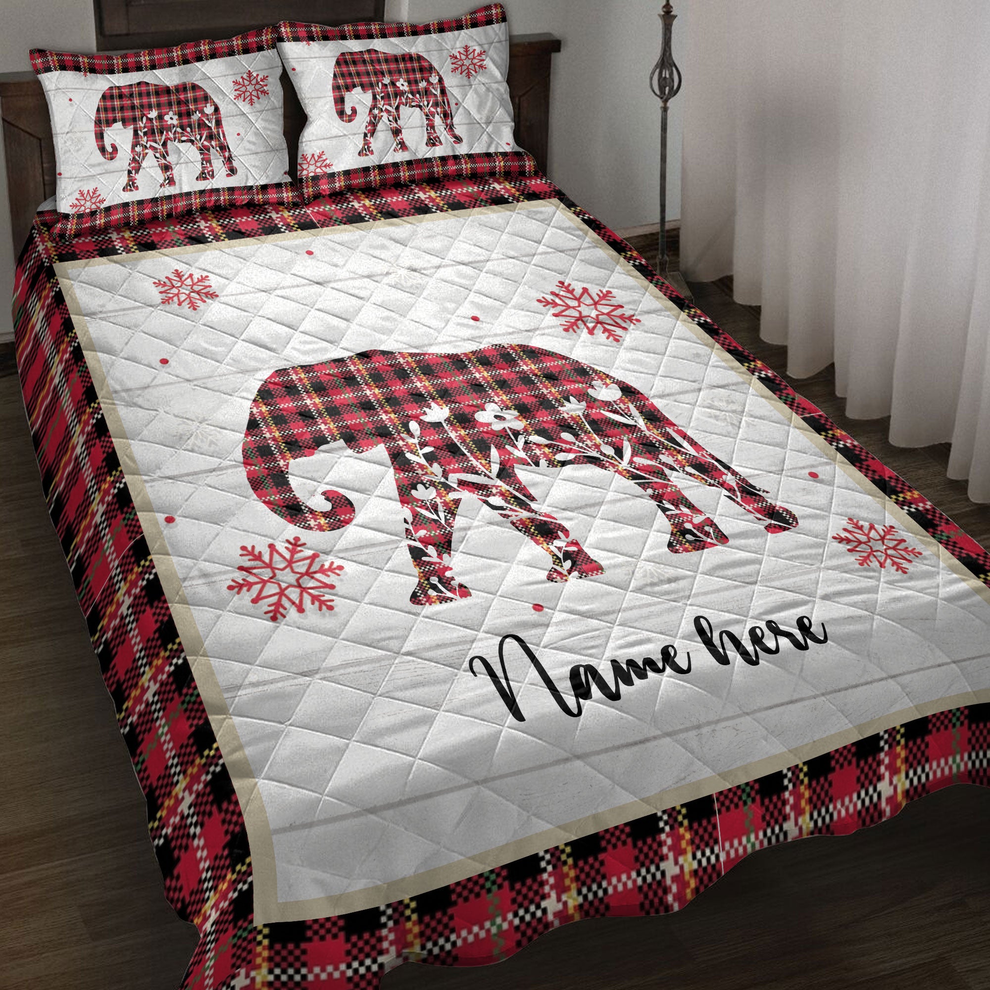 Personalized Elephant Quilt Set, Christmas Elephant Snowflake Red Plaid Quilt Blanket With Pillowcases, Custom Name Quilt Bedding Set, Christmas Gift