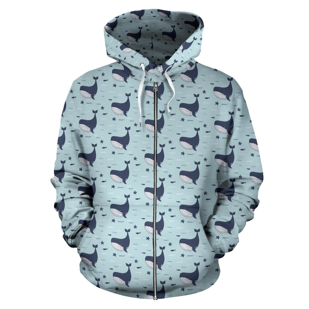 Whale Cute Design Themed Print Zip Up Hoodie