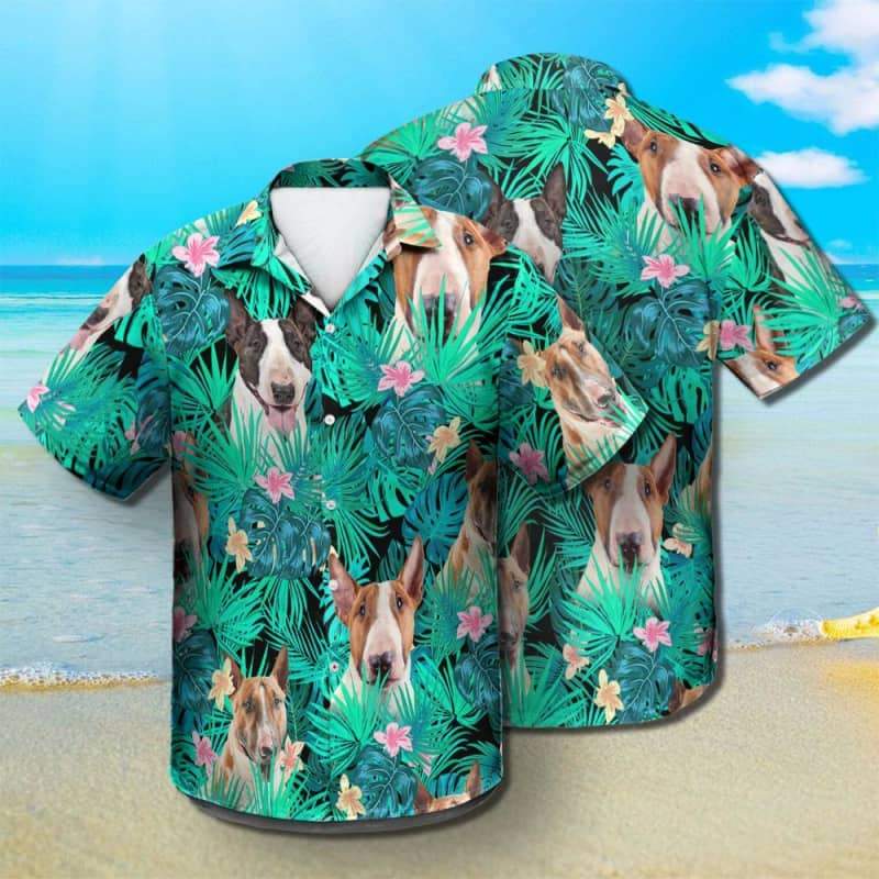 Bull Terrier Hawaiian Shirt, Dog Summer Leaves Hawaiian Shirt, Unisex Print Aloha Short Sleeve Casual Shirt