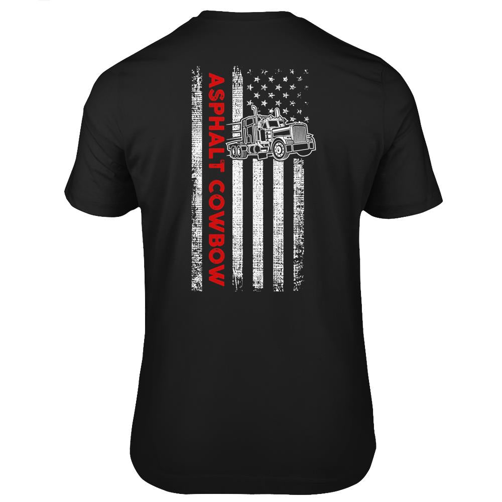 Asphalt Cowboy – Patriotic Trucker – American Flag T Shirts Print On Back