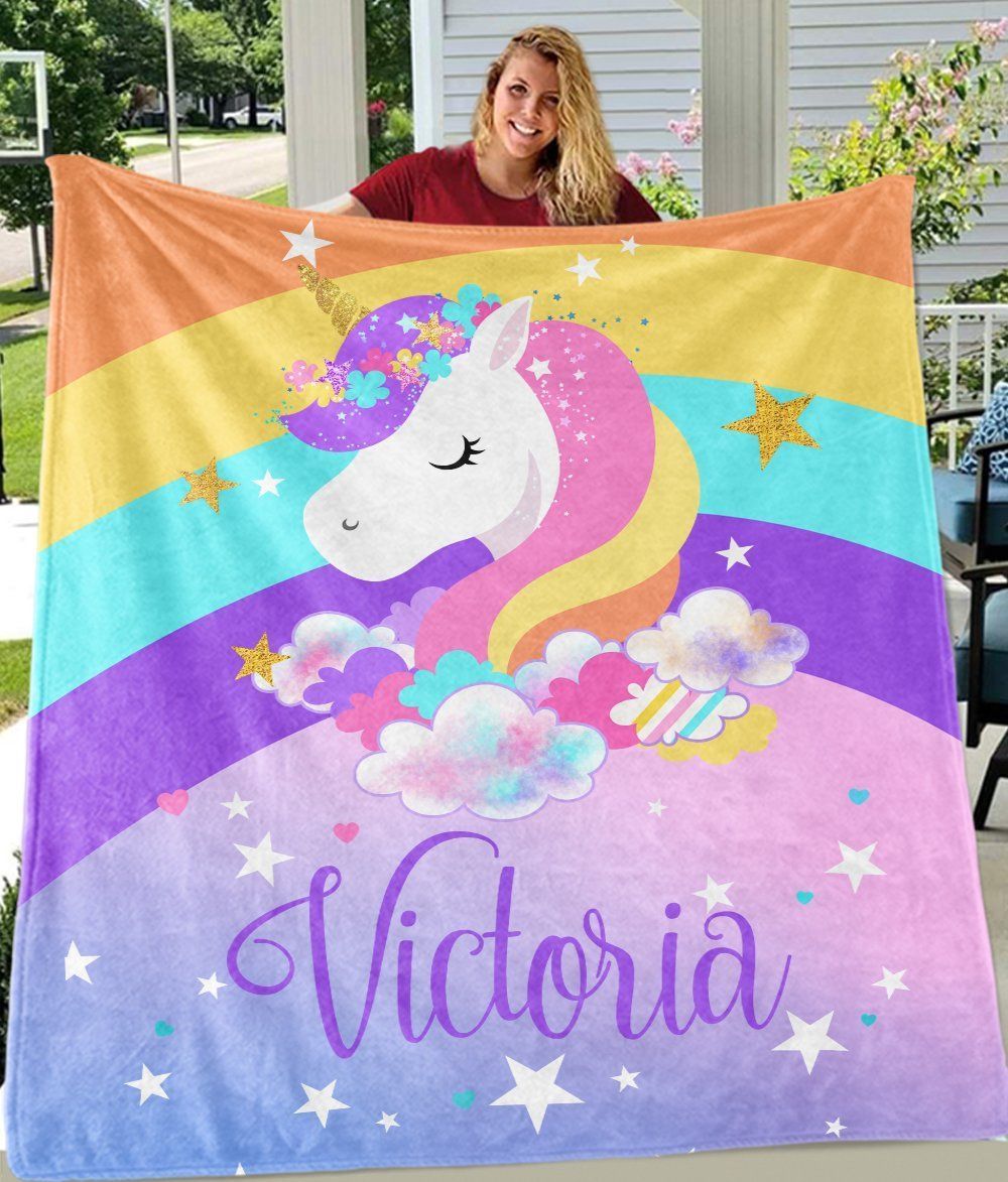 Victoria Rainbow Unicorn Custom Text Name Printed Fleece Blanket