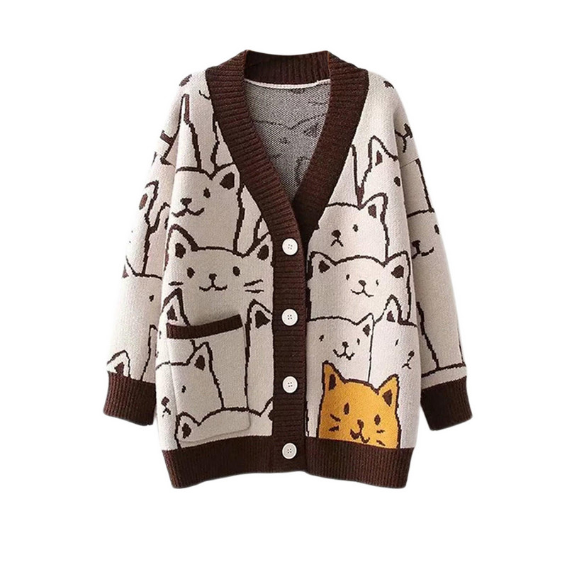 Women Button Down Knit Sweater Fall Long Sleeve V Neck Cartoon Cat Pattern Loose Cardigan Women’s Winter Coats 2022 alx