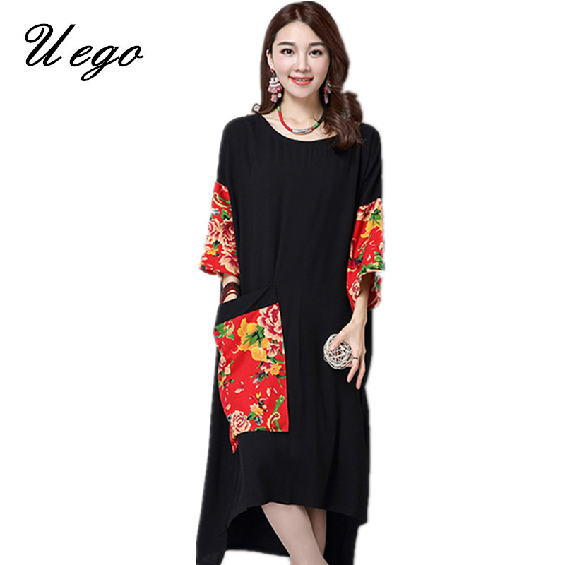 Uego 2021 Fashion Spring Dress Three Quarter Collar Patchwork Pocket Women Dress Loose Cotton Linen Casual Vintage Long Dress alx