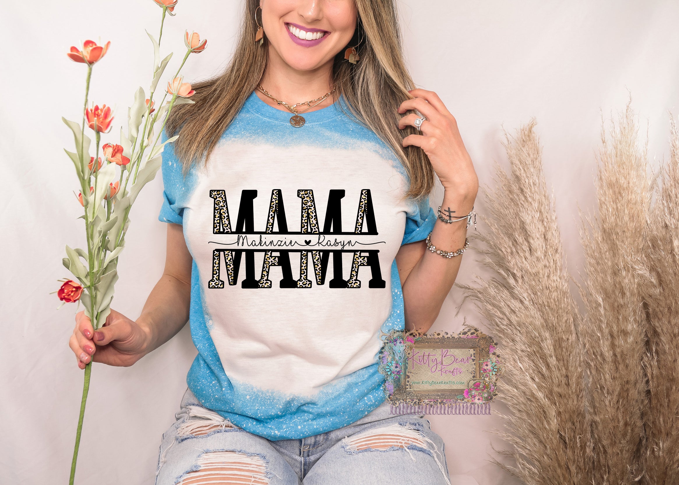 Mama Leopard Personalized With Kid Names Bleached T-Shirt