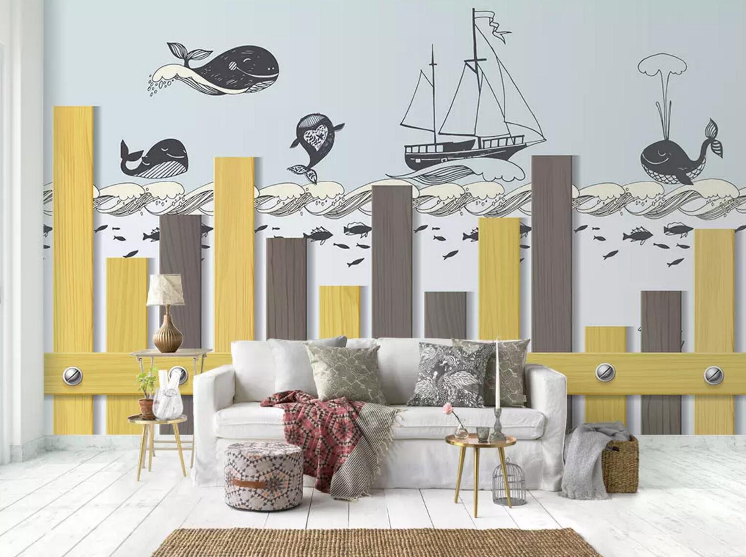 3D Black White Cartoon Ocean Whale Wall Mural Wallpaper 189