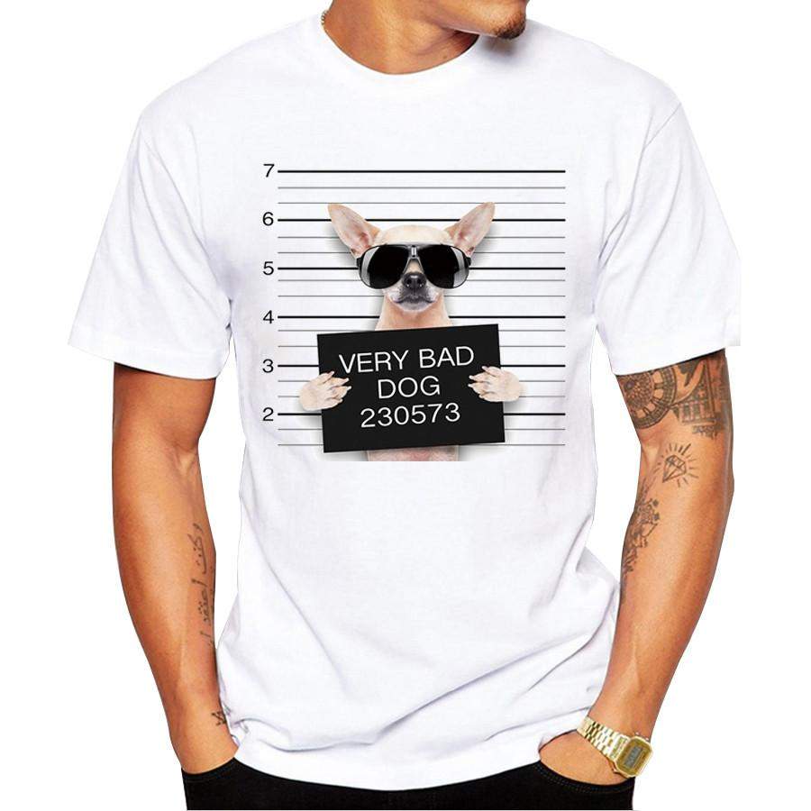 Chihuahua In Glasses Bad Dog Police Dept Mugshot Men’s Short Sleeve Casual White T-Shirt