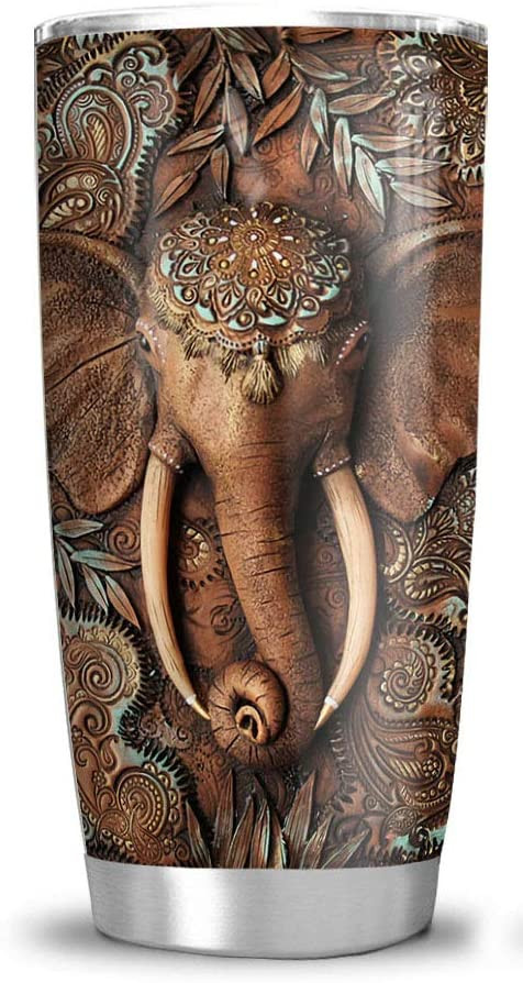 20Oz Wooden Texture Elephant Lover Tumbler Cup With Lid Double Wall Vacuum Sporty Thermos Insulated Travel Coffee Mug