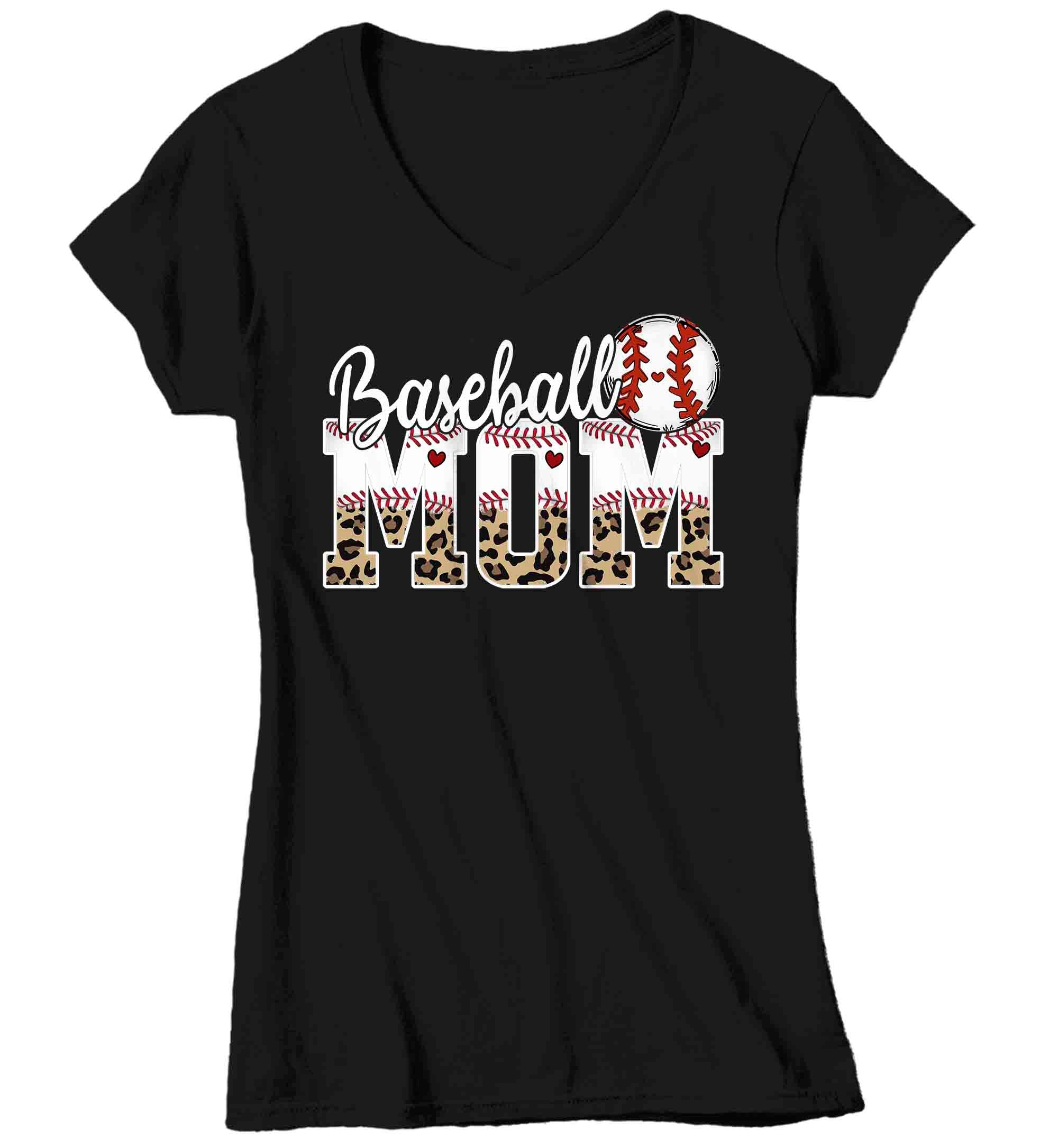 Women’S V-Neck Funny Baseball Mom T Shirt Leopard Print Mom Shirt Baseball Shirt Mother’S Day Ball Shirt Baseball Quote Ladies Mom Tee