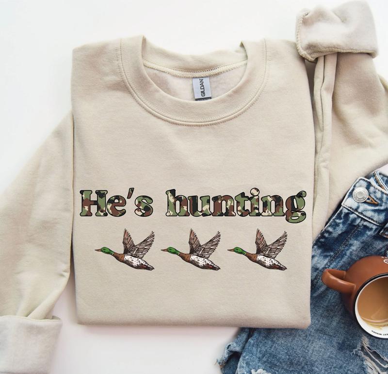 He is Hunting Ducks Camoflauge Bottomland Pattern Sweatshirt, Hunting Camo Unisex Shirt