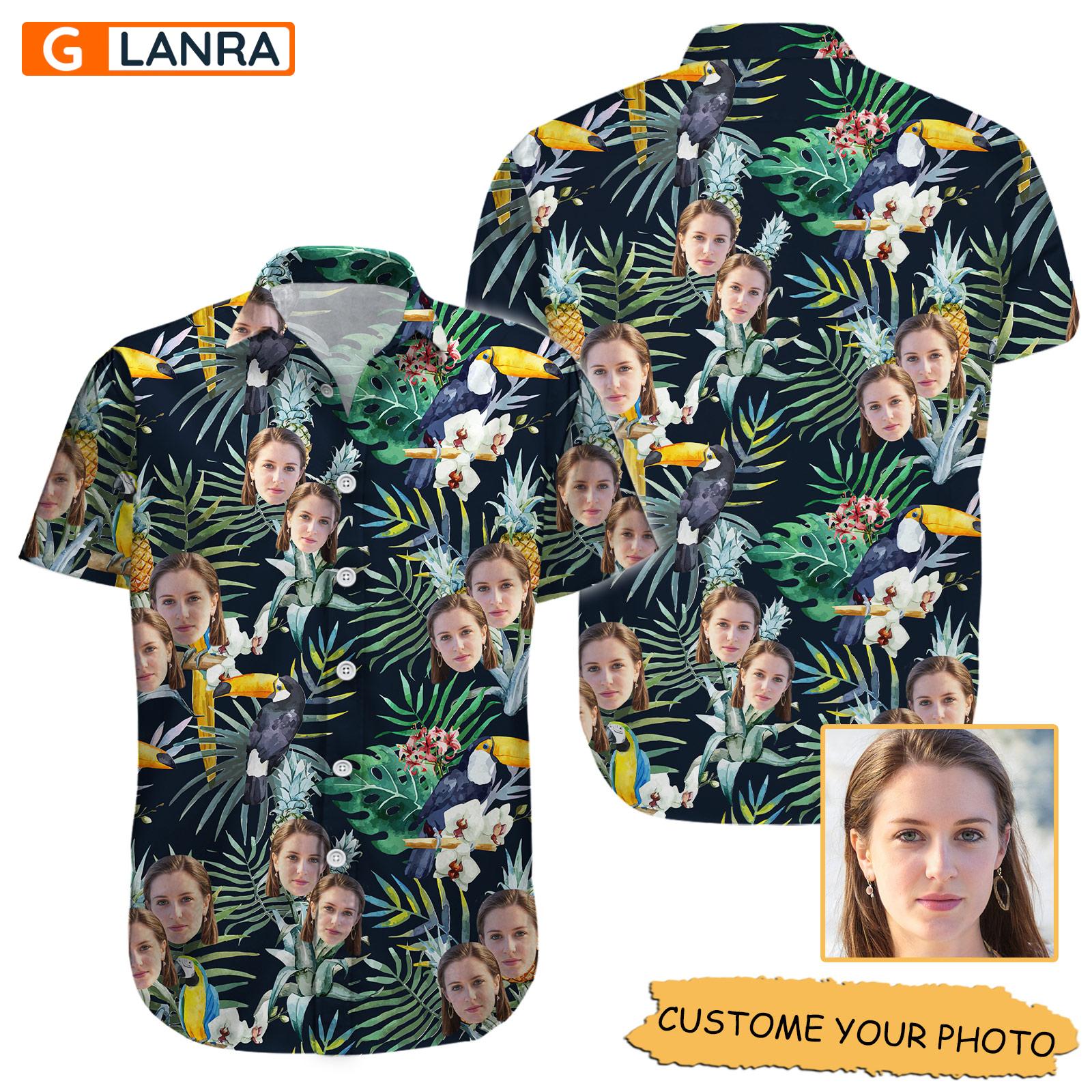 Personalized Flowers Palm Leaves Parrots Button Shirt, Custom Face Flower Palm Leaf Button Shirt, Parrot Hawaiian Shirt, Summer Tropical Shirt