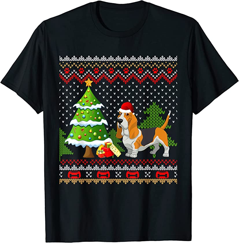 Basset Hound Santa Hat Ugly Christmas Sweater Pajama Dog T-Shirt