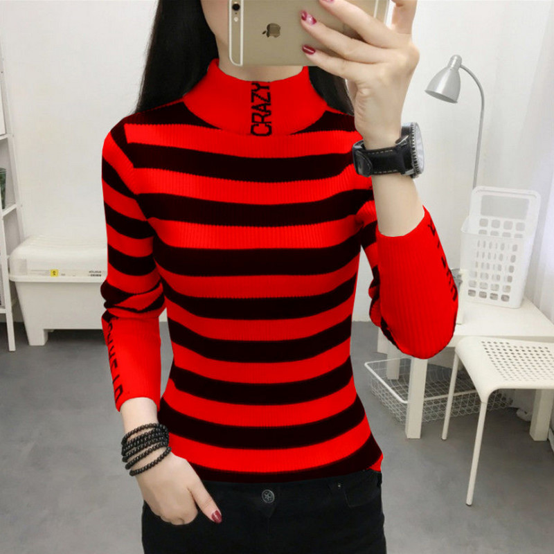 2021 Autumn Winter Women Stripe Pullover Sweater half-turtleneck bottom Clothes Women High Neck Slim Basic Sweaters Tops M-4XL alx