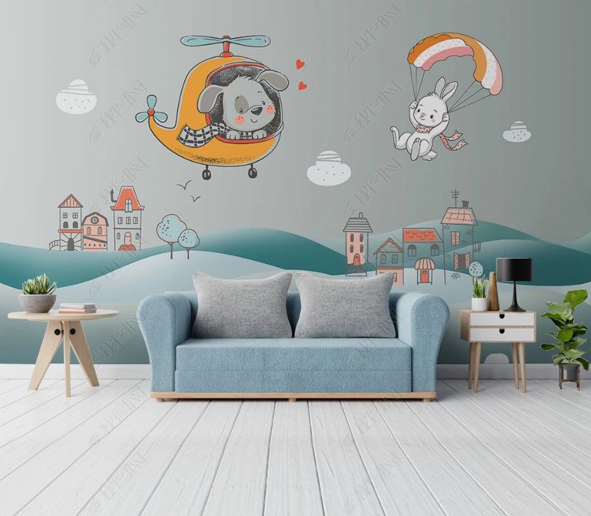 3D Cartoon Sky House Animal Wall Mural Wallpaper Lqh 71