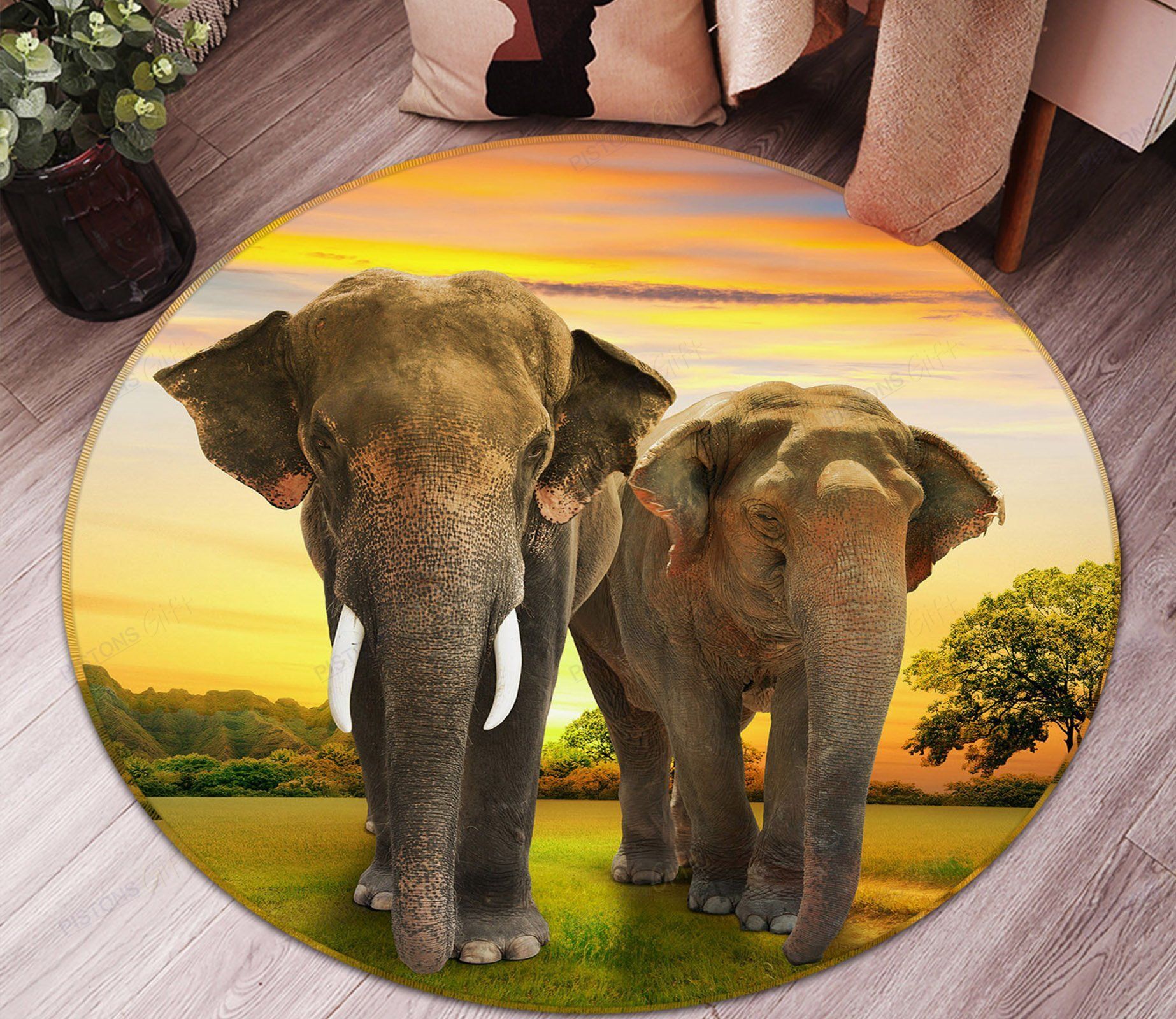 3D Two Elephant Hanging Round Rug Home Decor