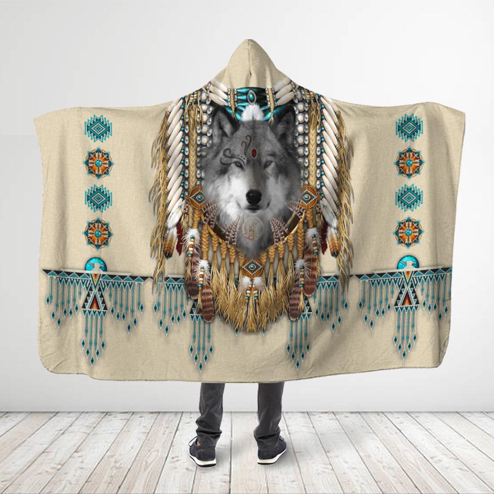 Native American –  Grey Wolf King Hooded Blanket