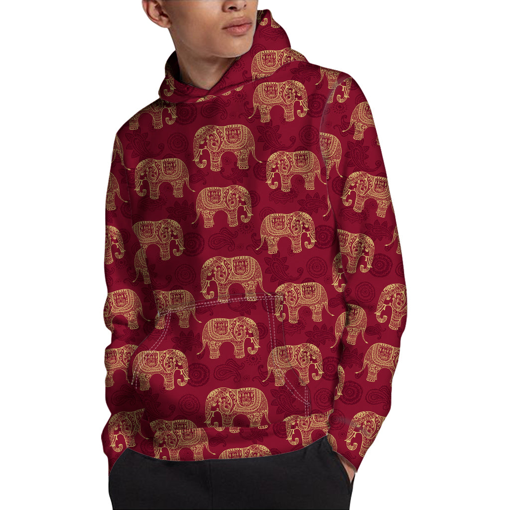 Gold And Red Boho Elephant Print Pullover Hoodie