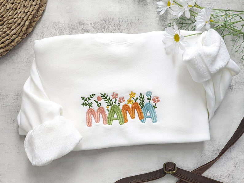 Mama Flower Letter Embroidered Sweatshirt 2D Crewneck Sweatshirt All Over Print Sweatshirt For Women Sweatshirt For Men Sws4175