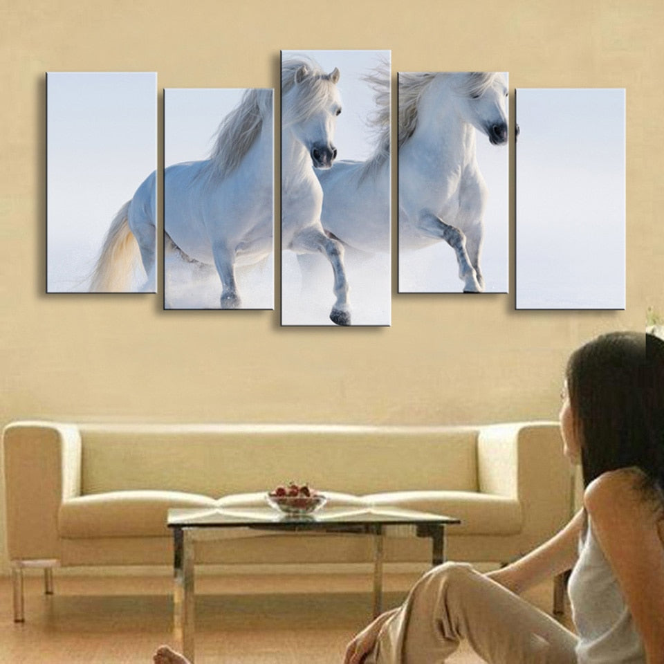 Poster Hd Home Decoration White Horse Couple Modern Canvas Wall Art Animal 5 Pieces