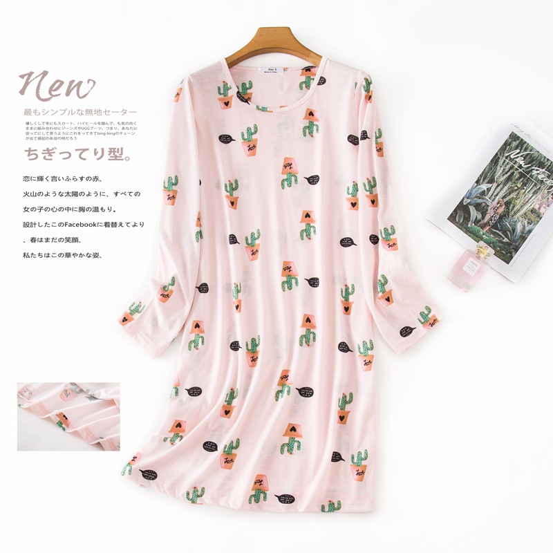 2022 Autumn Women Cotton Sleep Dress Casual Cartoon Nightgown Ladies Nightgown Female Long Sleeve sleepshirt Loose Home dress alx