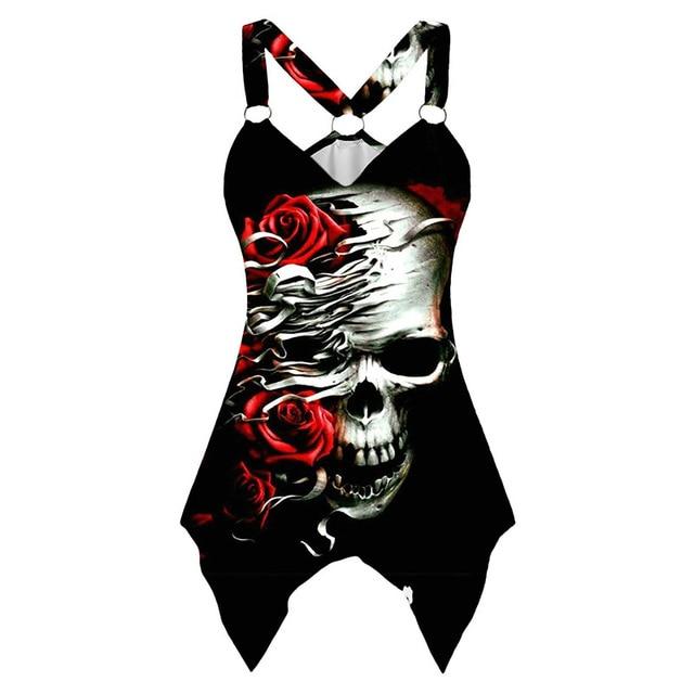 V neck Sleeveless Graphic Skull & Bone T Shirts for Summer, Color - Red ...