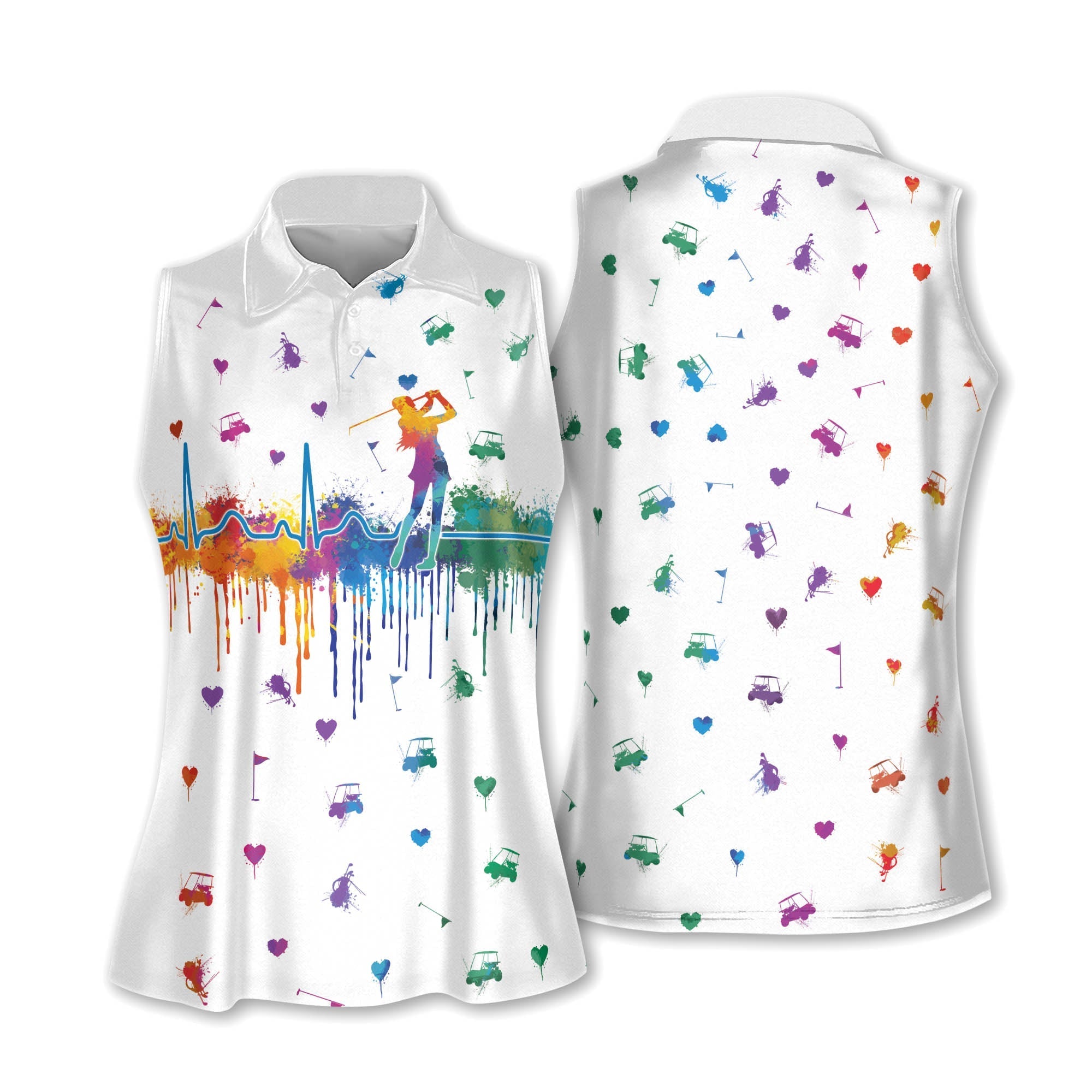 Watercolor Golf Heart Beat V2 Women Short Sleeve Polo Shirt, Sleeveless Polo Shirt