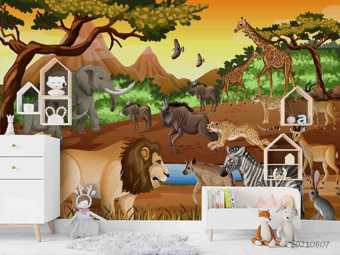 3D Hand Draw Animal Lion Elephant Giraffe Zebra Wall Mural Wallpaper Sww1145