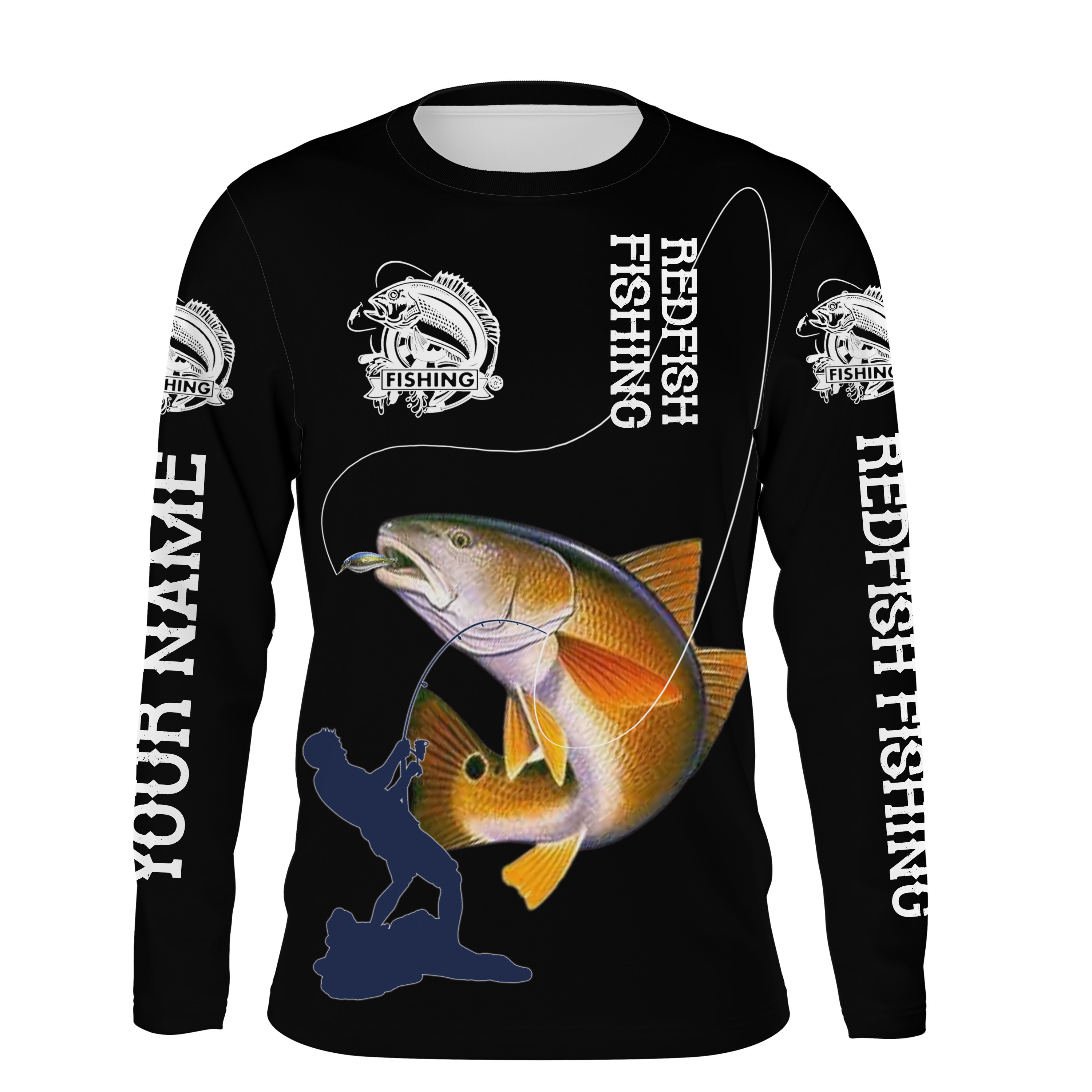 Redfish puppy drum fisherman shirts Performance black Long Sleeve UV protection quick dry Customize name UPF 30+ personalized shirt for men, women and Kid – NQS1361