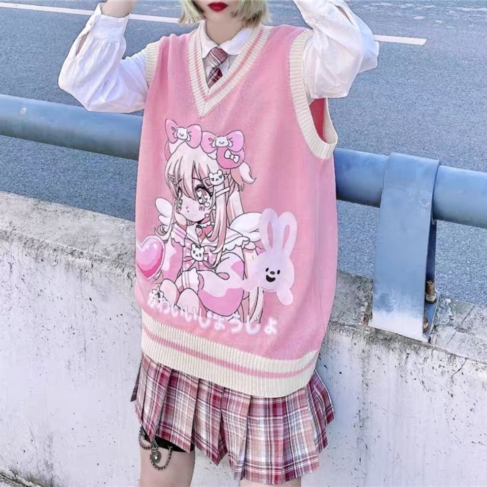 2021 Kawaii Y2K Pink Vest Women Fall Clothing Cartoon Print Cute Knit Pullovers Tops Mujer Preppy Loose Sweater Casual Waistcoat alx