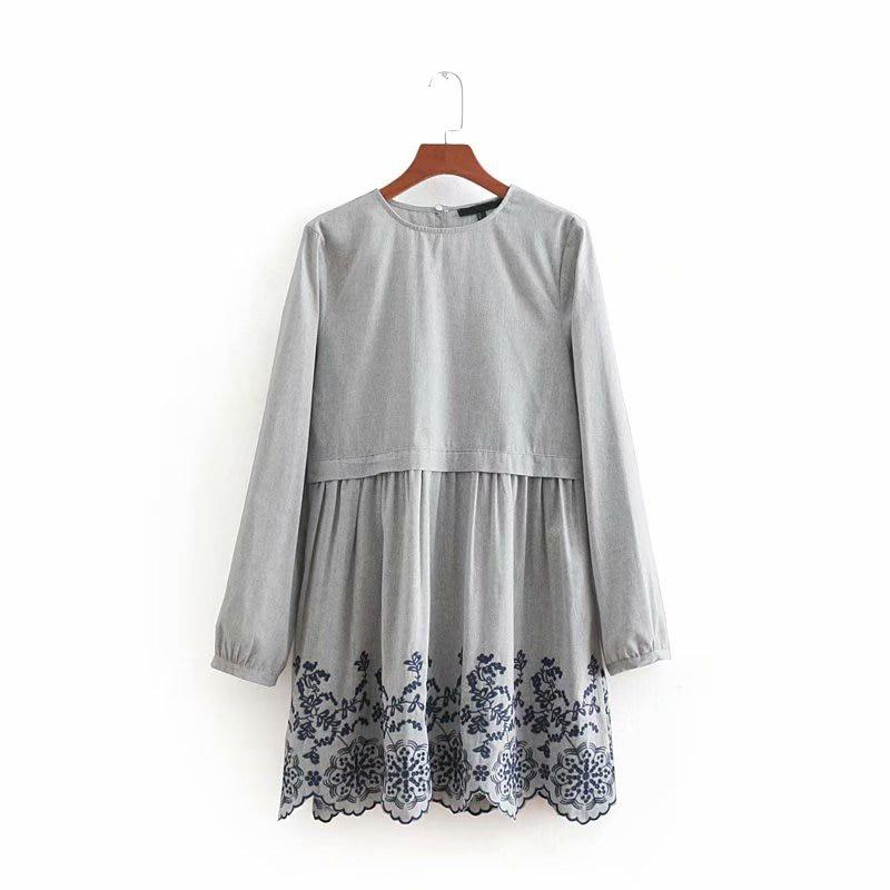 Vintage Round Neck Long Sleeve Embroidery Dress