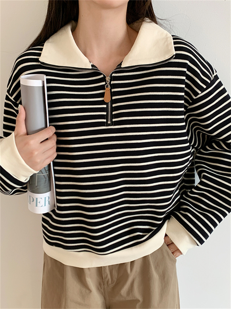 Syiwidii Half Zipper Up Striped Pullovers Oversized Sweater Women Fall Winter 2022 Fashion Loose Turn Down Collar Office Jumpers alx