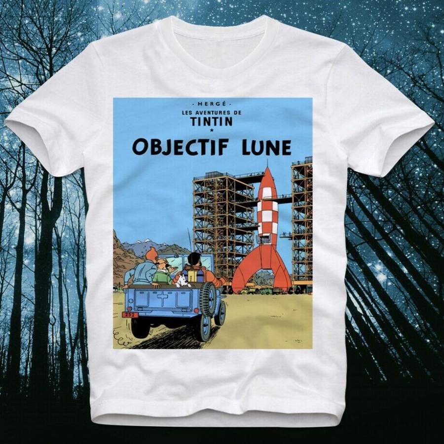 Tintin Objectif Lune Cartoon Comic French Retro Vintage Destination Moon T Shirt Mens Fashion Round Neck Short Sleeves T Shirt