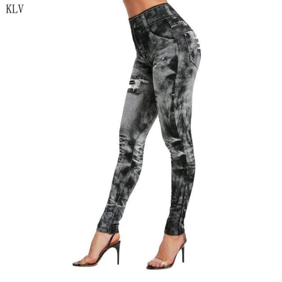 Women Imitation Distressed Denim Jeans Leggings Casual High Waist Slim Elastic Pencil Pants