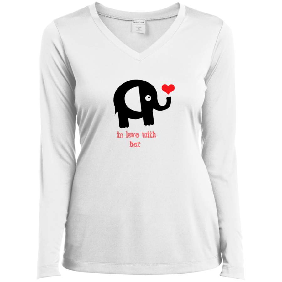 In love with her VALENTINES – Couple T Shirt LST353LS Sport-Tek Ladies’ LS Performance V-Neck T-Shirt