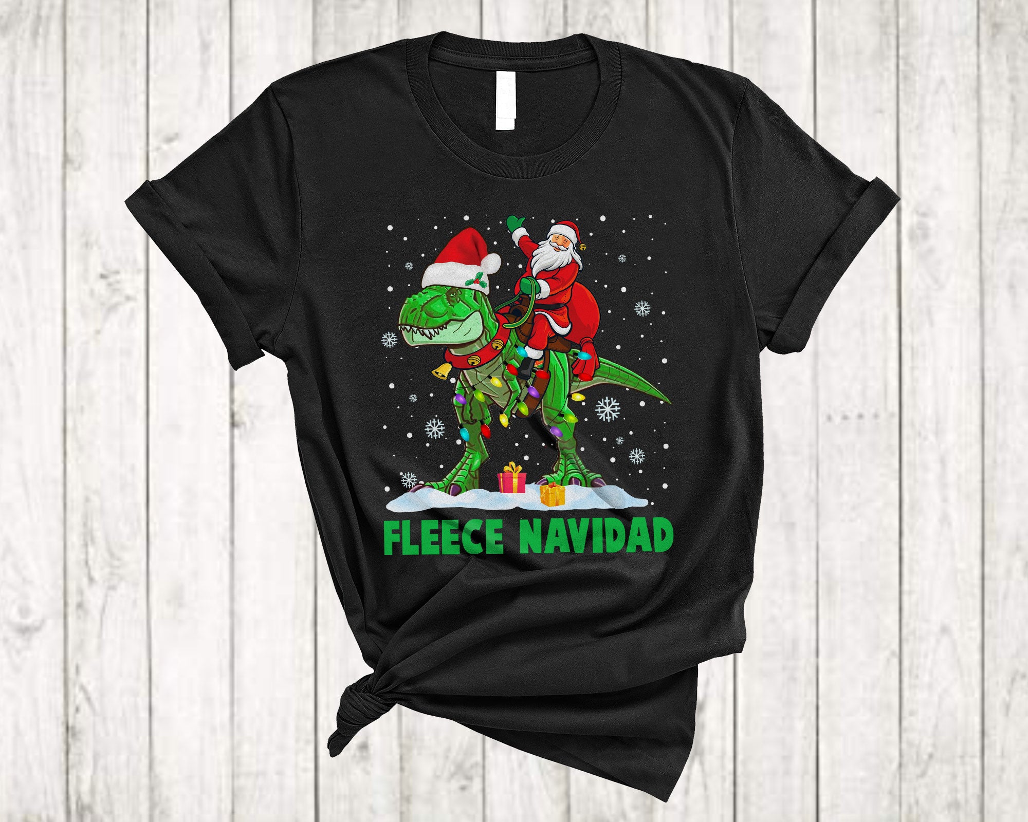 Christmas Santa Shirt Fleece Navidad Cute Christmas Light Santa Riding T-Rex Dinosaur Lover Gifts T-Shirt