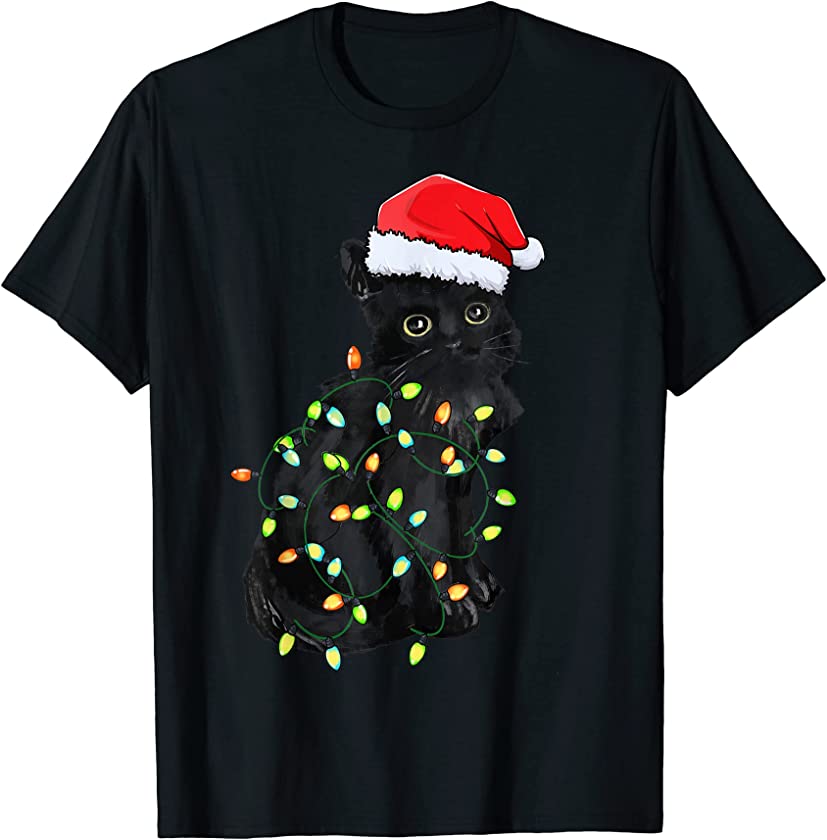 Black Cat Christmas Pajama Cat Kitten Lover Xmas Lights Tree T-Shirt